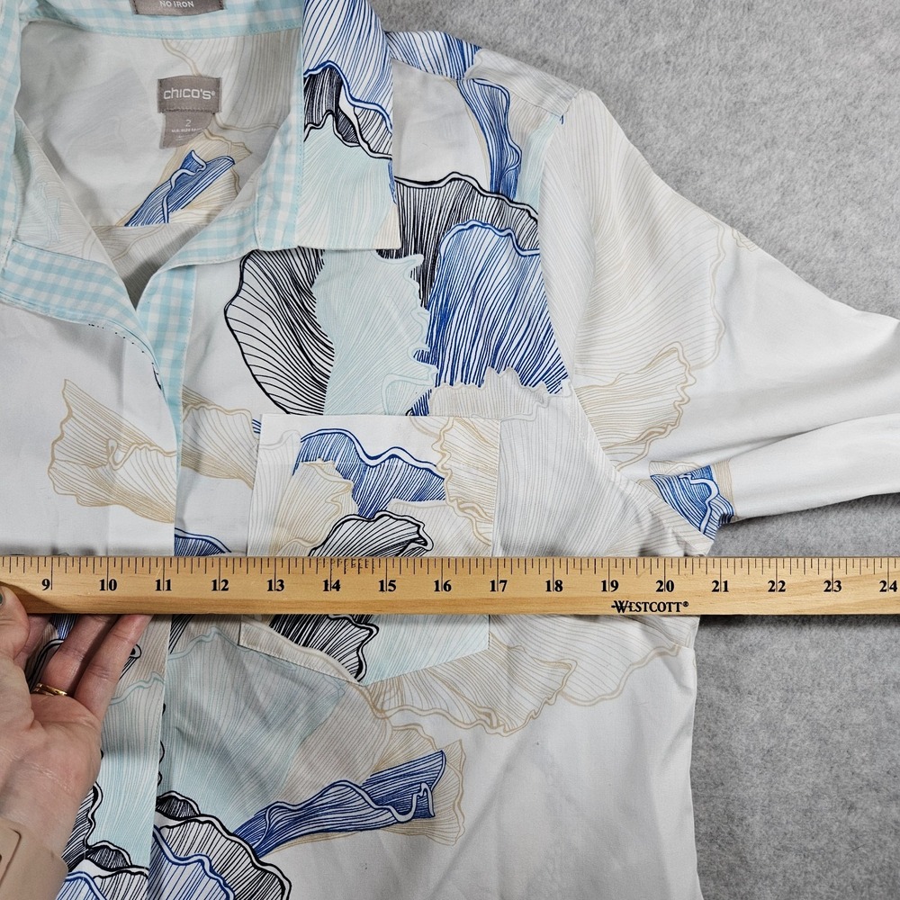 Chico's Women's Sz 12/14 Floral 3/4 Sleeve No Iron Button Up Artsy Blouse - Picture 11 of 11